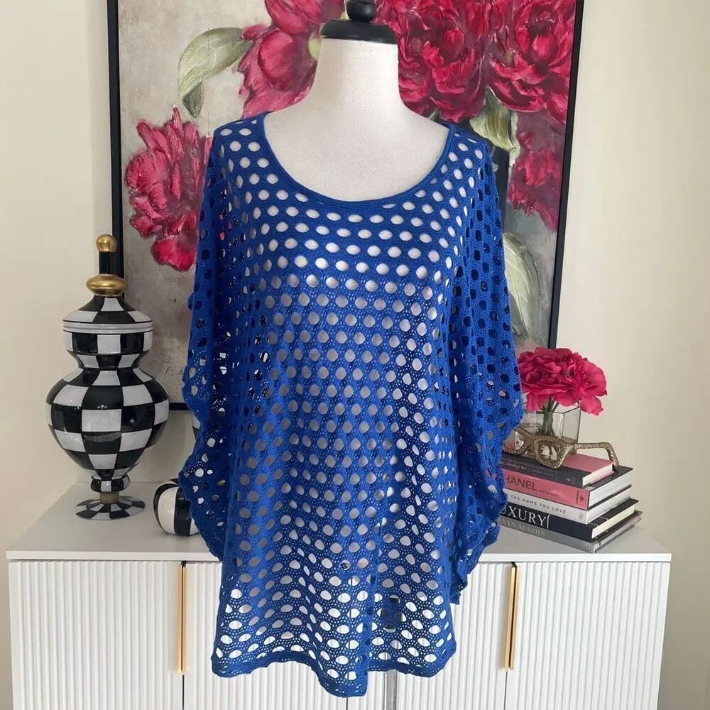 Chico's Women's Open Knit Crochet Batwing Sleeve Swim Cover Up Blue Size 2/Large